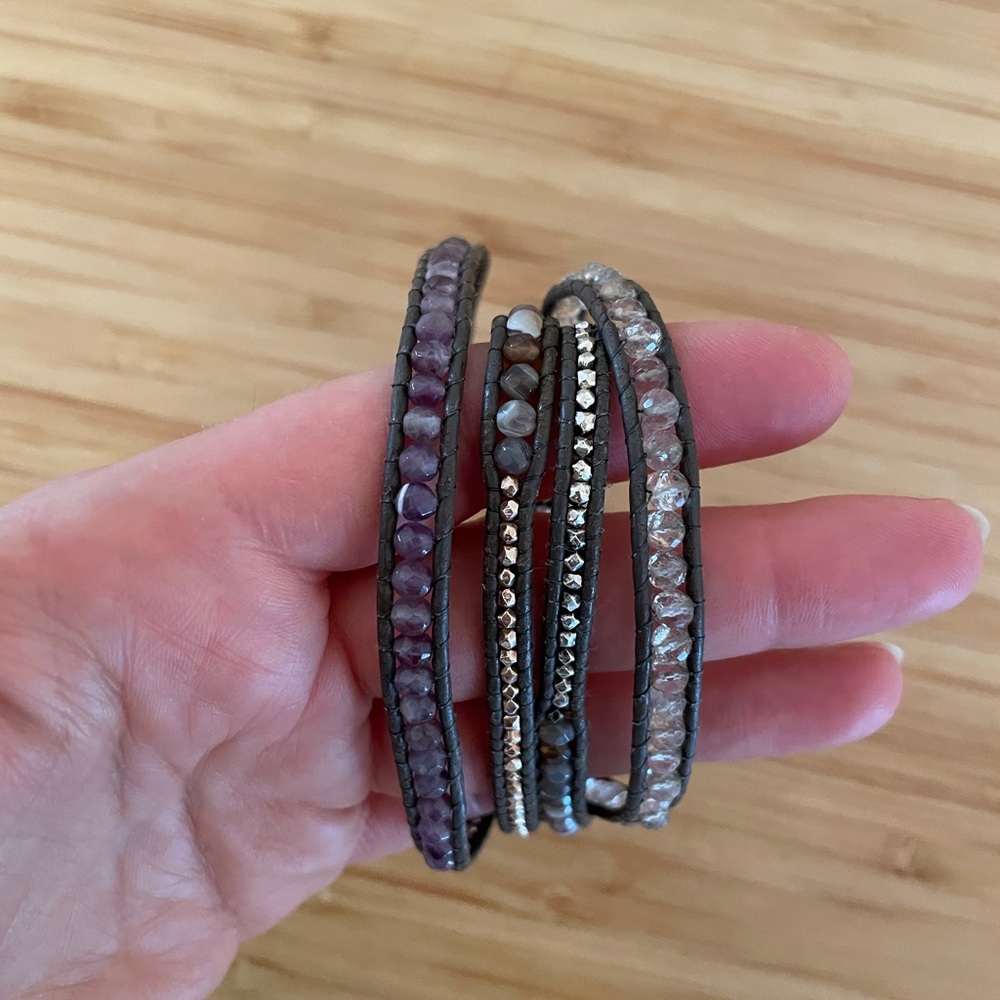 Chan Luu beaded wrap bracelet on gray leather